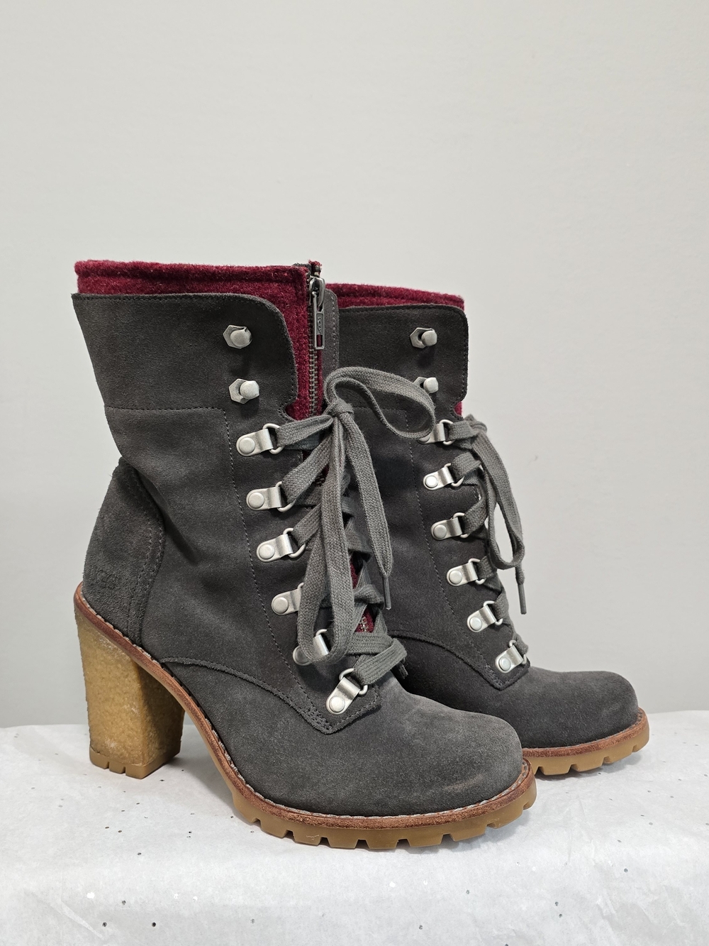 UGG Gray Suede Lace-Up Heeled Ankle Boots with Burgundy Lining